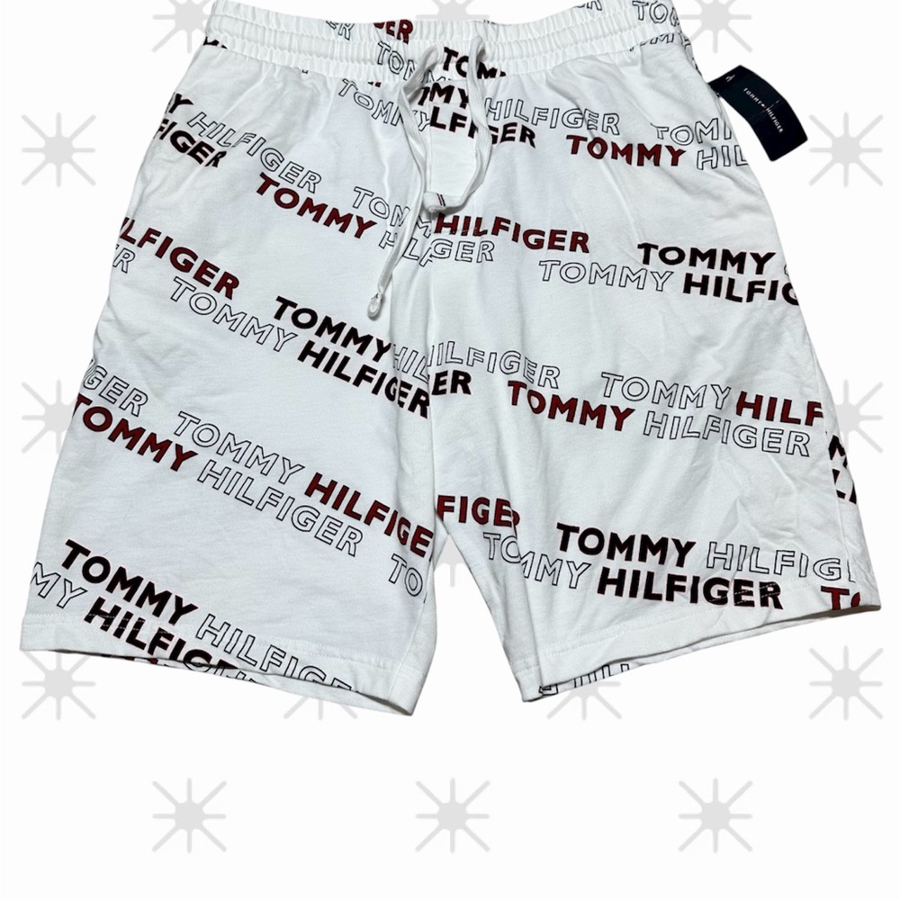 Tommy Hilfiger Logo Print Shorts M White Drawstring Lounge Athletic Streetwear